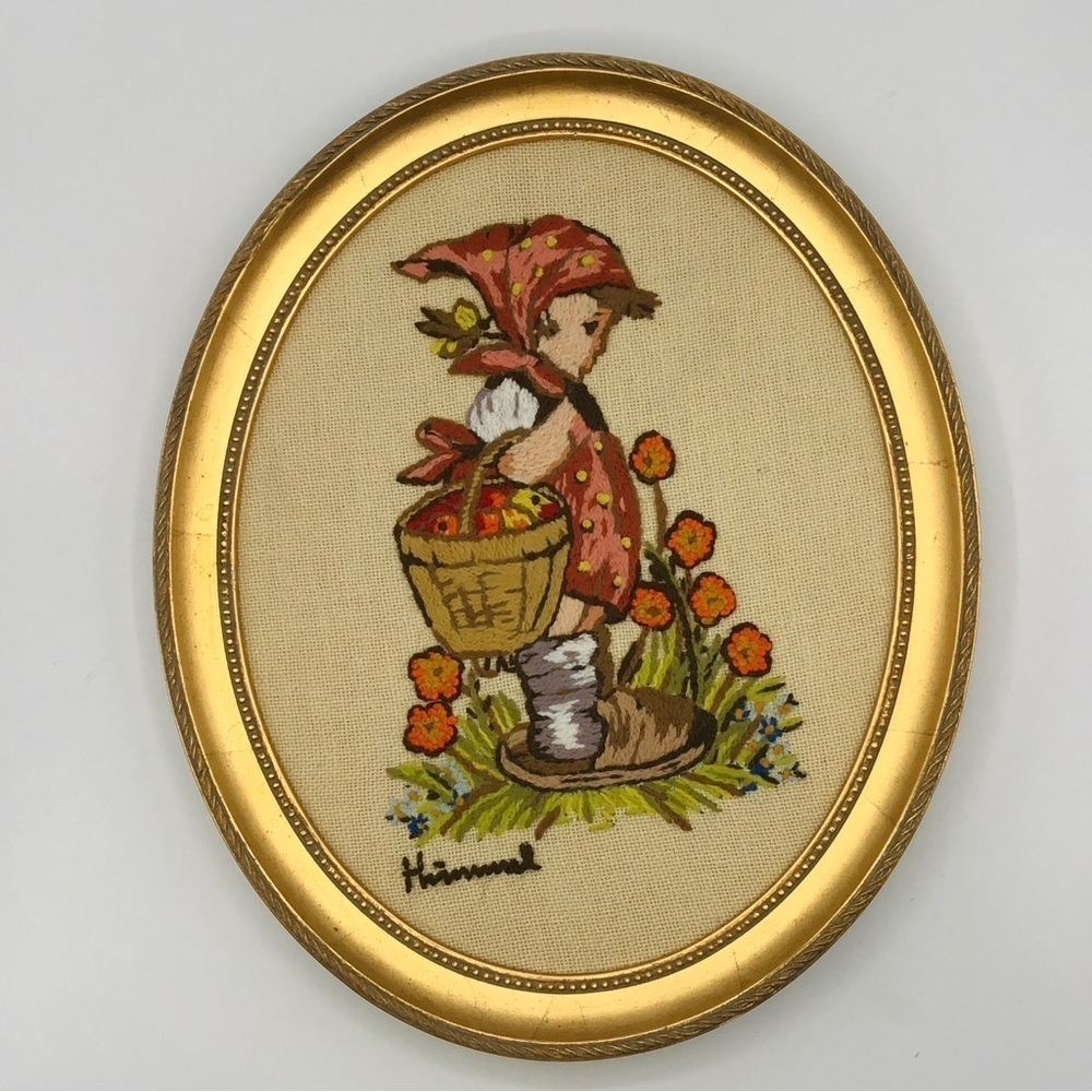 VTG Hummel Farm Girl Oval Frame Needlepoint Art Nursery Kids Decor 11” Wall